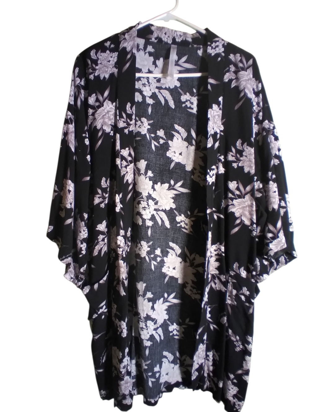 Spiritual Gangster Black Floral Kimono with Soft Lavender-White Blooms Boho